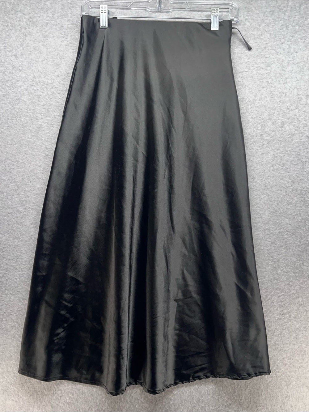 She + Sky Black Satin A-Line Midi Skirt with Subtle Shine